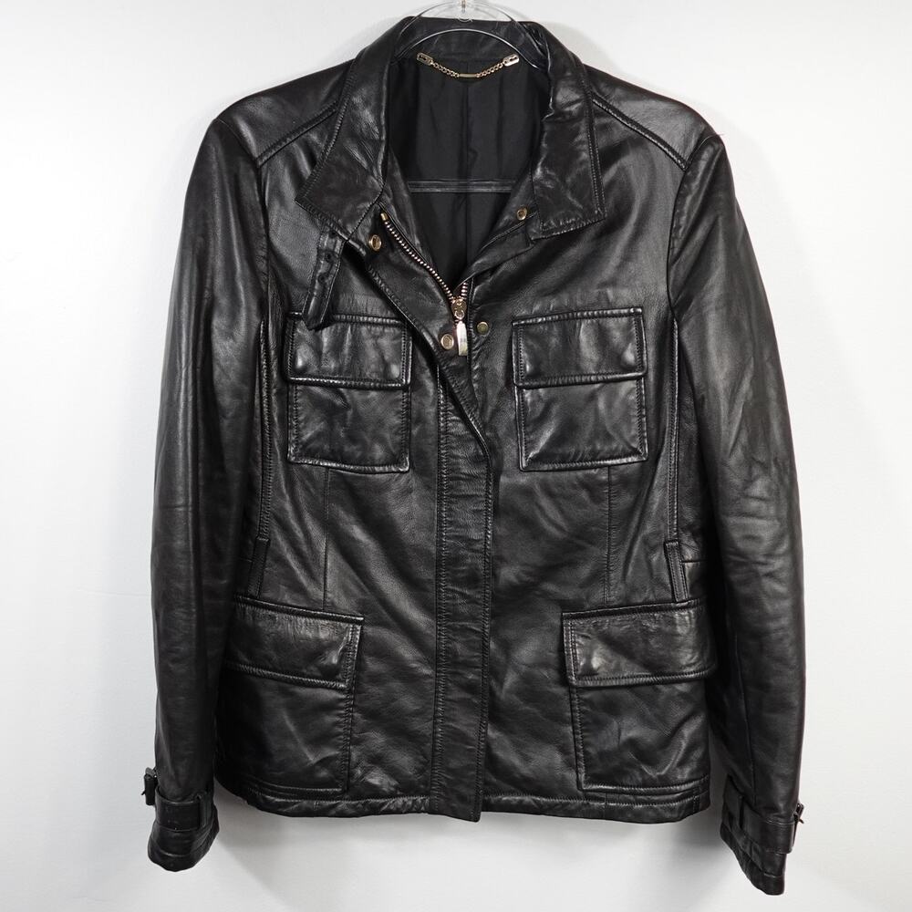Longhi Black Leather Collared Cargo Utility Moto Biker Jacket Men's 46 Small